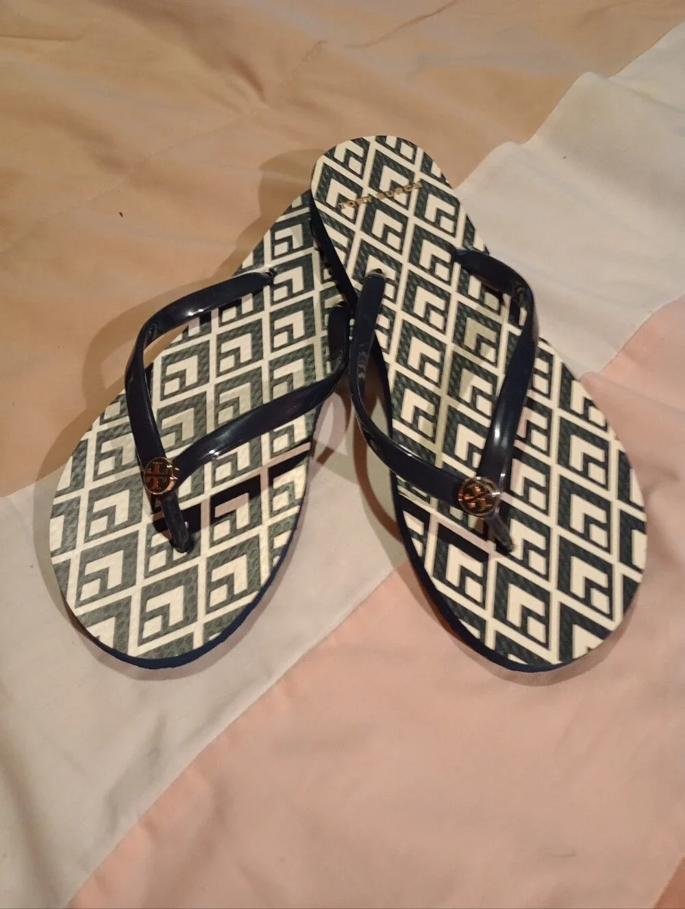 Tory Burch Navy Blue And White Flip Flops